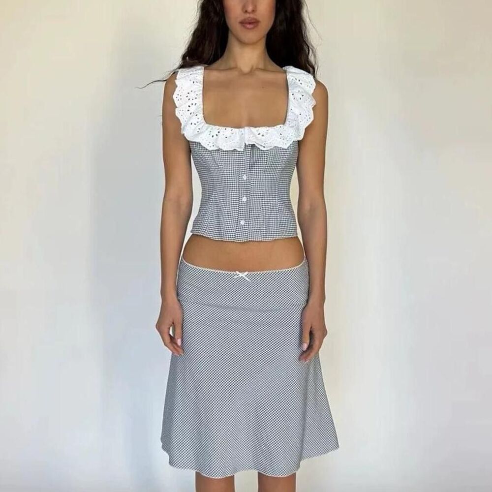 Danielle Guizio blue waffle print Top Skirt Set - Picture 2 of 7